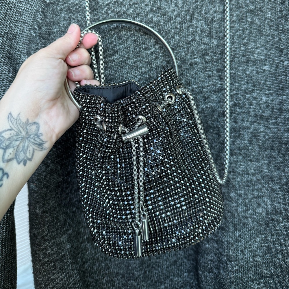Black Rhinestone Mini Bucket Bag Beaded Purse Silver Hardware Y2K Prada Vibes